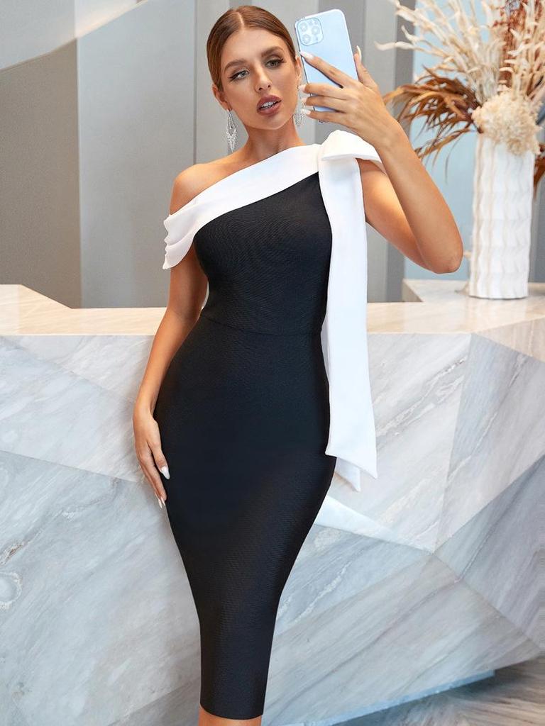 European & American One-Shoulder Bow Bandage Dress with Celebrity-Style Slim Fit Skirt