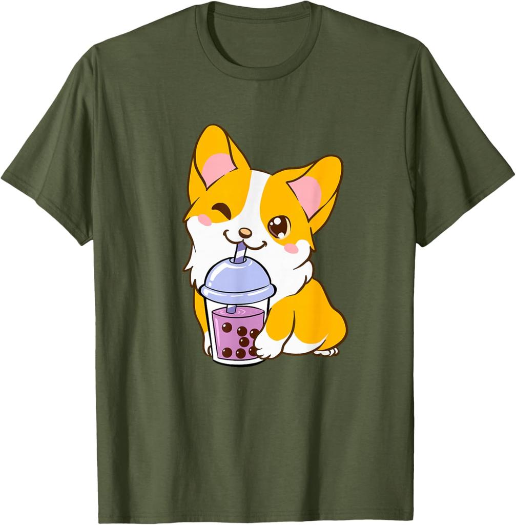 Kawaii Corgi Drinking Boba Tea Cute Dog Lover Graphic Tee Casual Short Sleeve T-Shirt