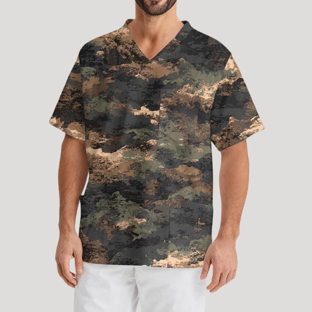 Men's Printing Short Sleeve V-neck Working Blouse Chest Pocket Carer Top