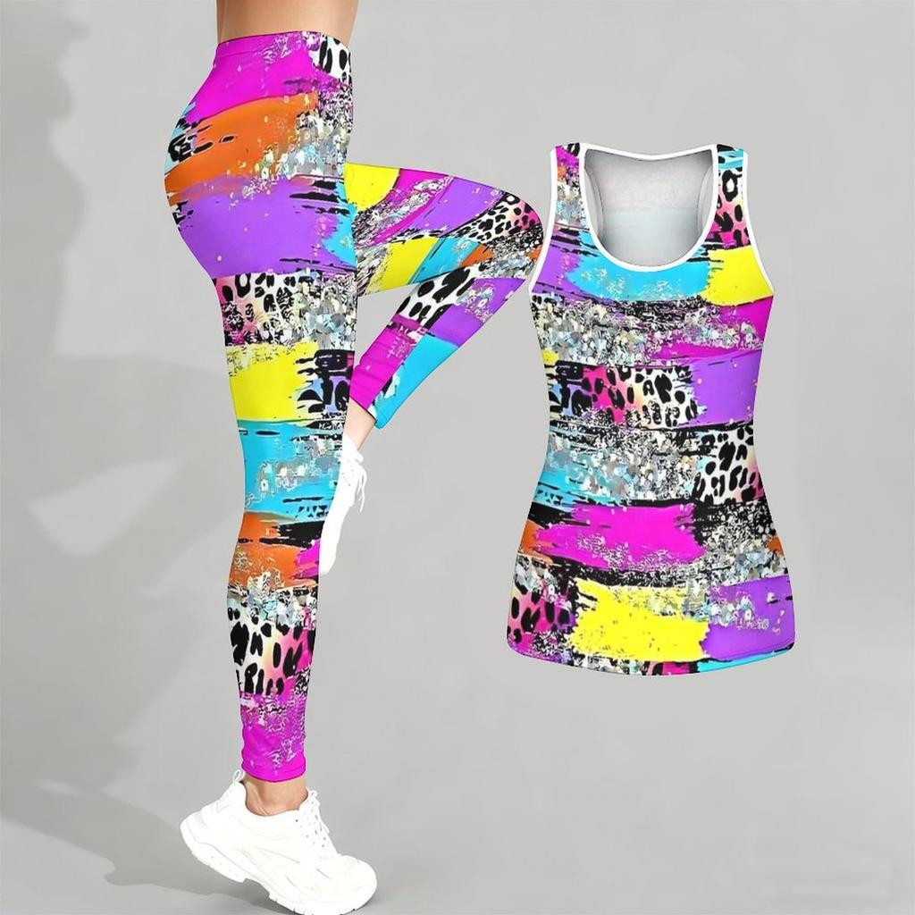 Completo Yoga da Donna con Stampa Geometrica e Graffiti Moda Leggings Allenamento Fitness Sportivo Set Yoga Casual Tuta Sportiva
