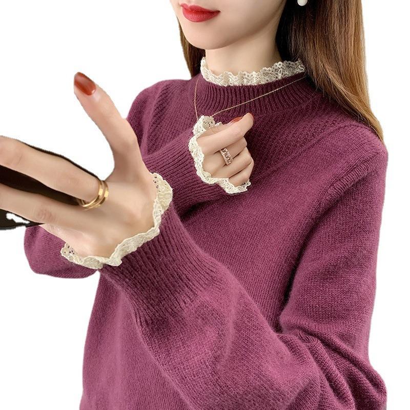 Women's Sweater Knitted Bottoming Shirt Spring Spring Autumn Versatile Semi-turtleneck New Lace Edge High Sense