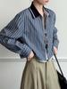 Ju Zhi Wczesnojesienny Retro Granatowy Paskowany Damski Luźny Top z Długim Rękawem