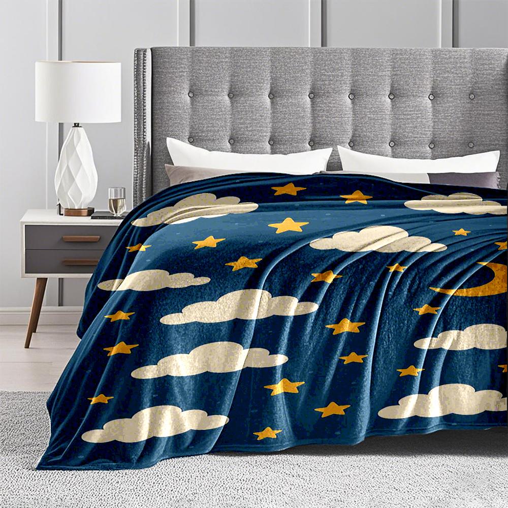 Clouds and Stars Pattern with Moon Flannel Blanket for Bedroom, Living Room, Sofa, and Nap