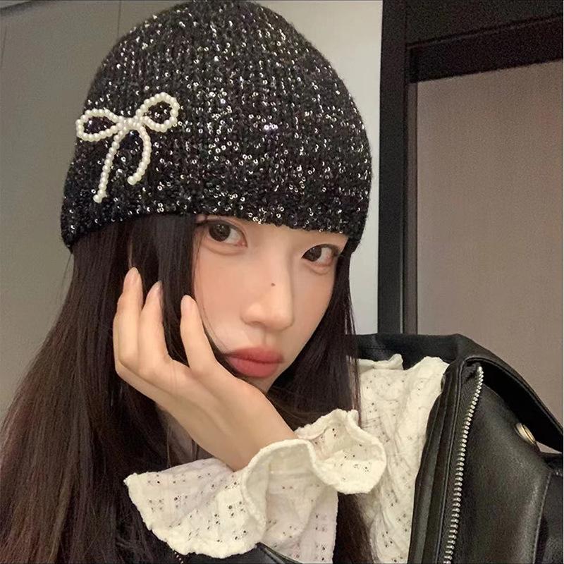 Korean Designer Y2K Shiny Cold Cool Street Sequined Knit Hat Spring Summer Girl Glitter Fashion Knitted Bag Head Beanie Hat