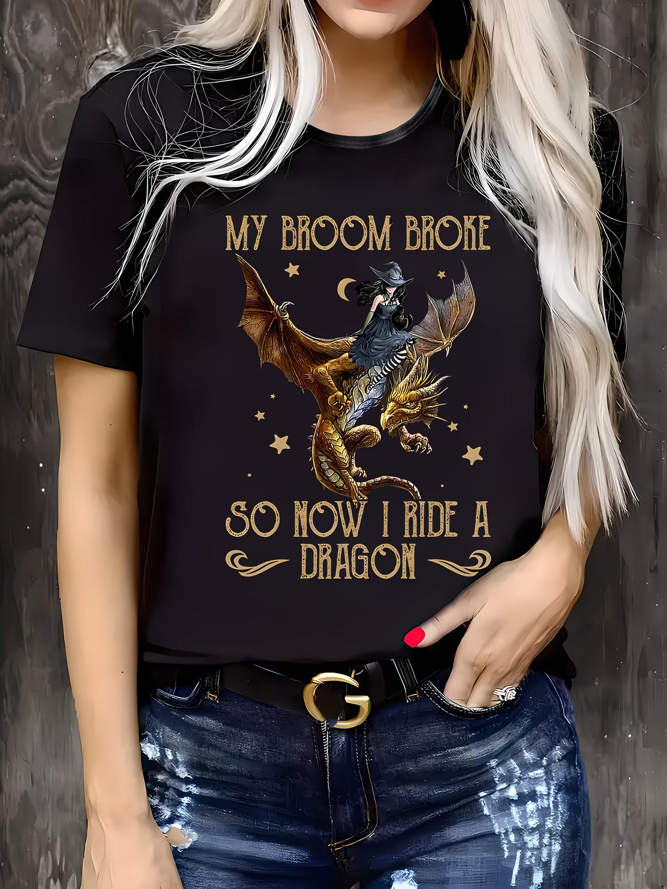 Print Dragon Women s Casual T-Shirt, Round Neck, Short Sleeved, Slightly Elastic Fabric, Comfortable Top for All Seasons Women S