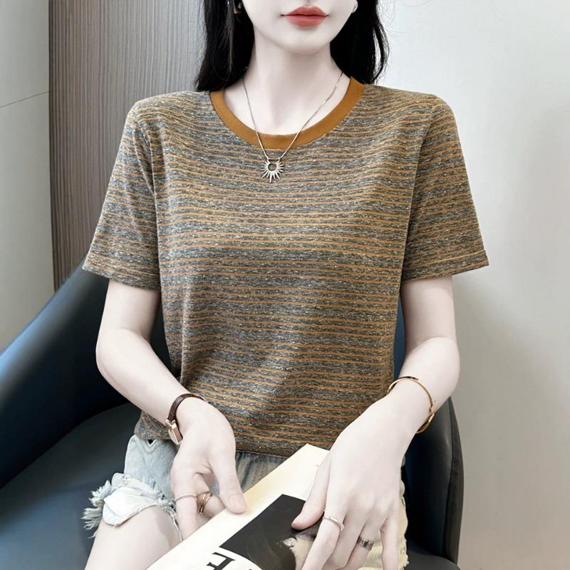 Women Stripe Crew Neck Contrast Color Collar Short Sleeve T Shirt M жёлтый