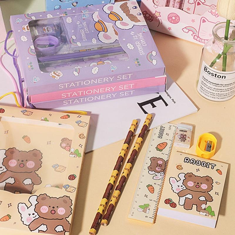 5/6Pcs Cartoon Stationery Set With Pencil Ruler Eraser Sharpener Notebook For Kids Students Back To School Daily Study Gifts