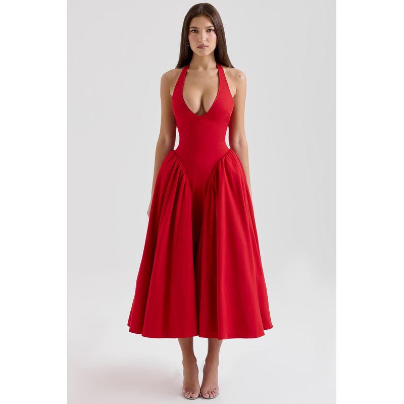 

Elegance Deep V Halter Open Back Mid Length Long Length Large Skirt Red V Neck halterneck Long L