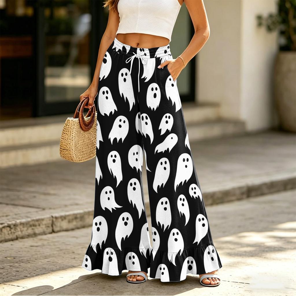 Women Wide Leg Pants with Pockets High Waist Drawstring Casual Loose Fit Halloween Print Ruffle Hem Long Trousers for Daily Wear
