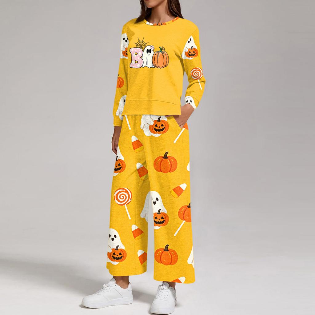 Women's Casual Round Neck Loose Fit Sweatshirt and Pants Set with Halloween Print Hem Slit for Halloween