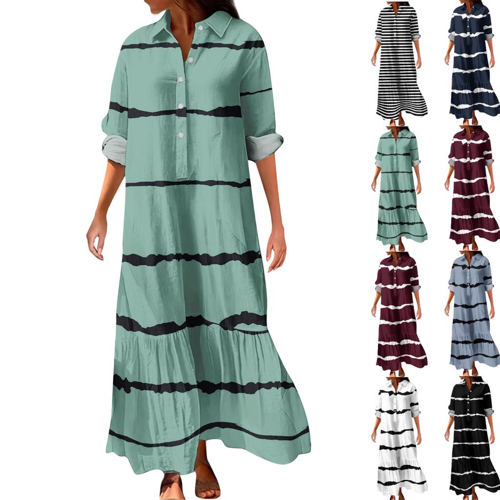 Women's Fashionable And Elegant Autun And Winter Button-down Lapel Long-sleeved Printed Dress