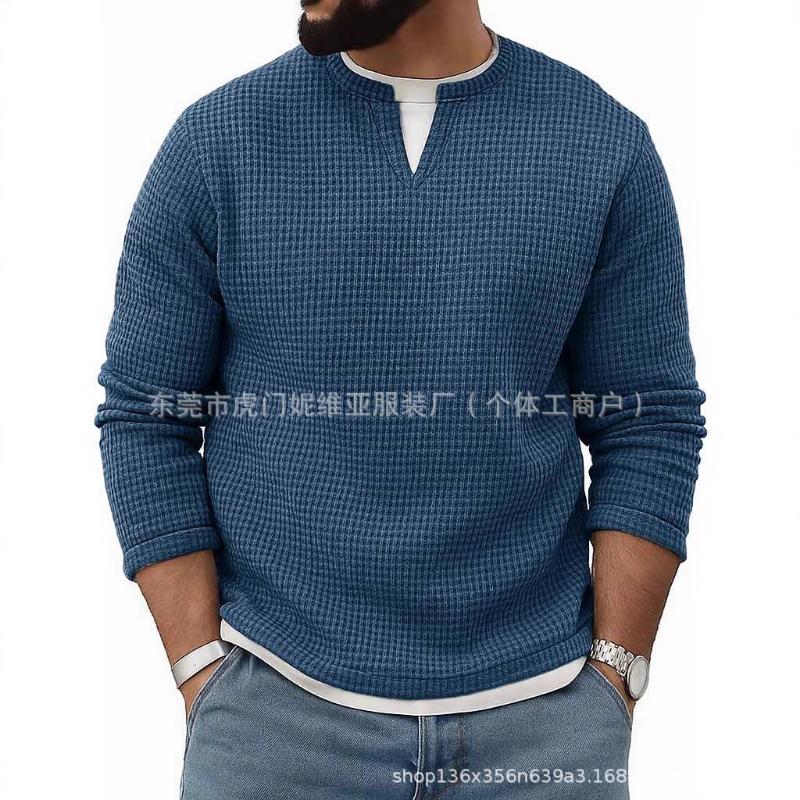 Sweatshirt Slit Henry Neck Long Sleeve Men's Fake Two-piece Contrasting Loose Pullover Spring and Autumn New Top