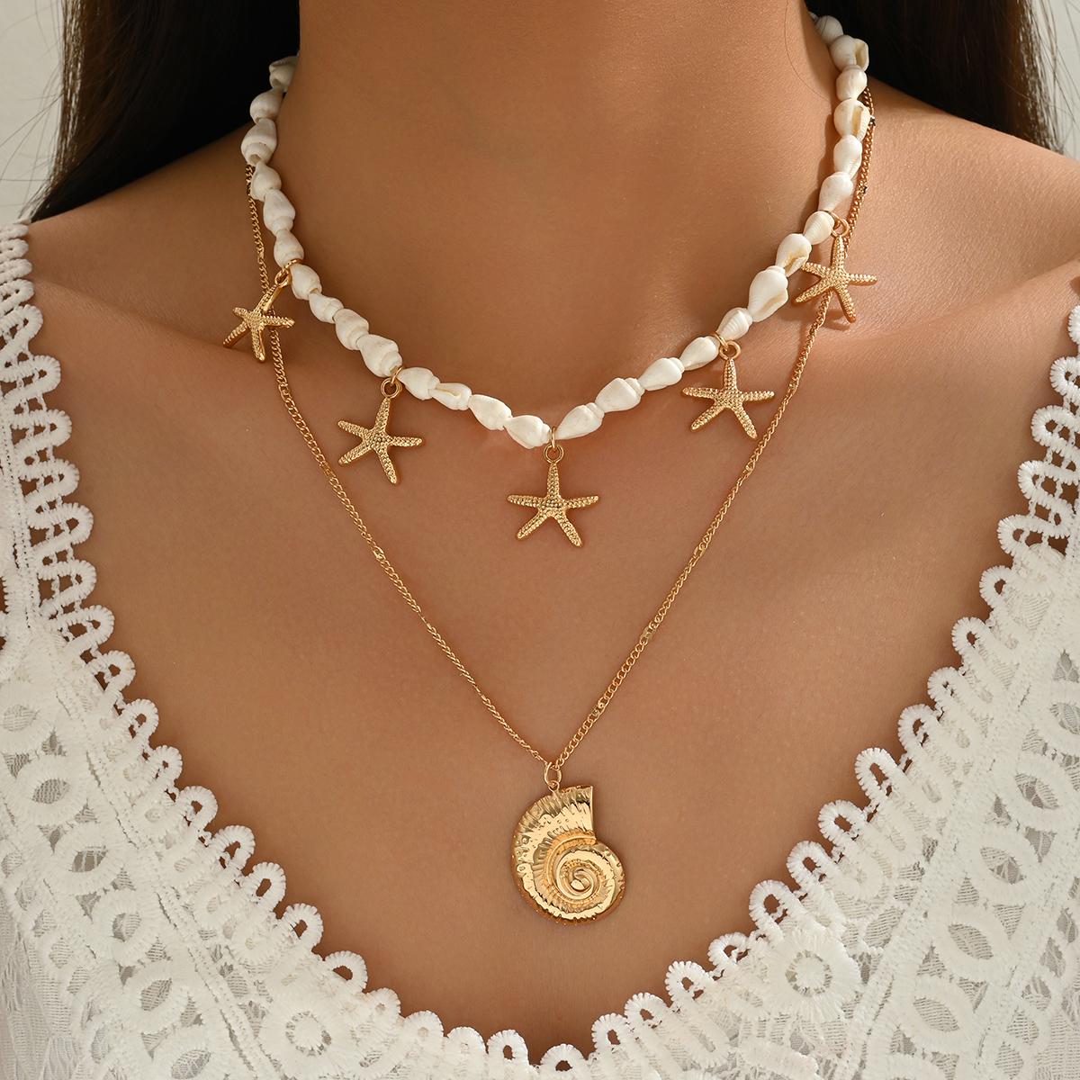 2 Piece Layered Shell Starfish Necklace Gold Spiral Shell Pendant Boho Beach Summer Trendy Jewelry for Women