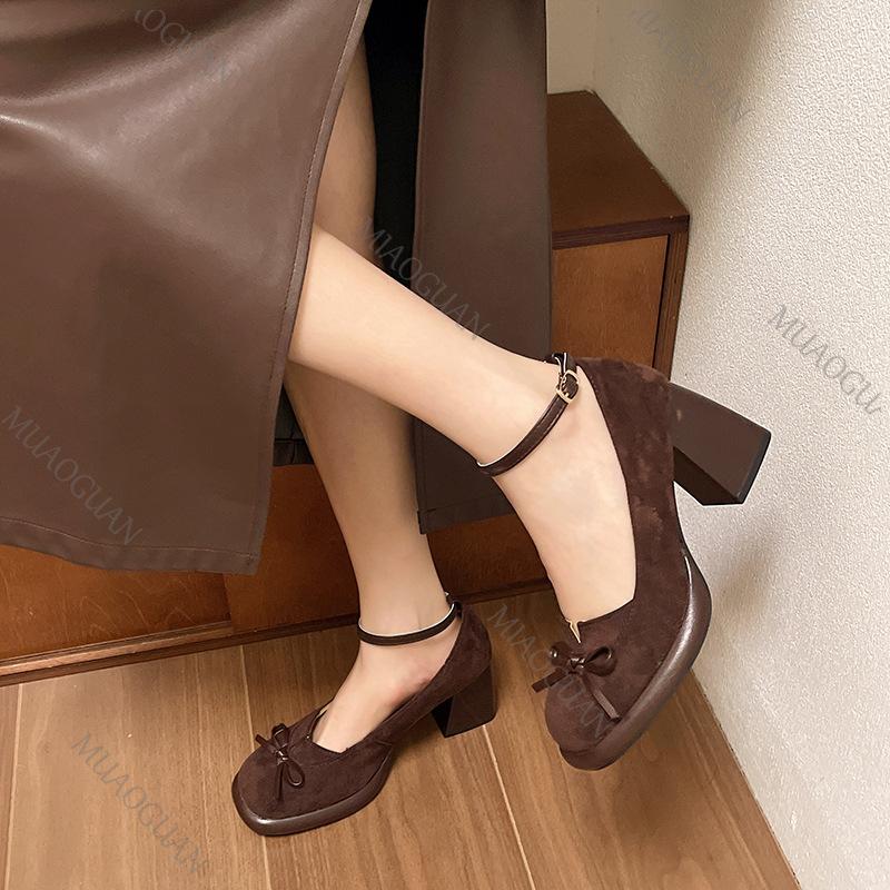 Fashion Retro French Thick Heel Temperament Mary Jane Shoes Women Suede Ankle Buckle Pumps Bow Thick High Heels Elegant Women's Shoes
