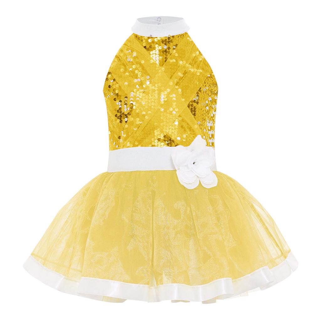Girls Shiny Sequins Layered Tulle Ballet Dance Dress Sleeveless Cutout Back Tutu Dress Built In Briefs Skirt