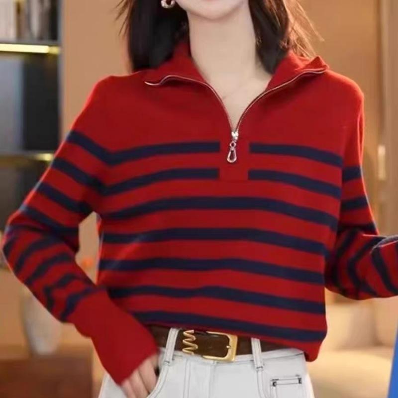 Plus Size Striped Knitwear Lapel Zipper Sweater for Women - Autumn/Winter Loose Fit, Lazy Style, Thick Coat
