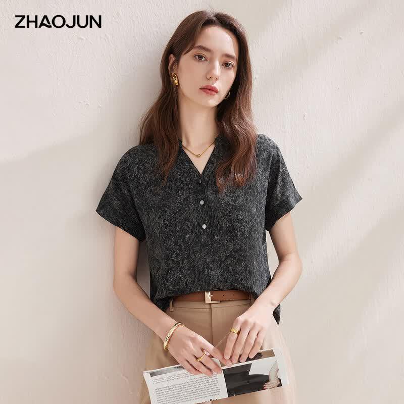 Zhaojun 2026 Summer Mulberry Silk V-Neck Short-Sleeve Blouse 2XL