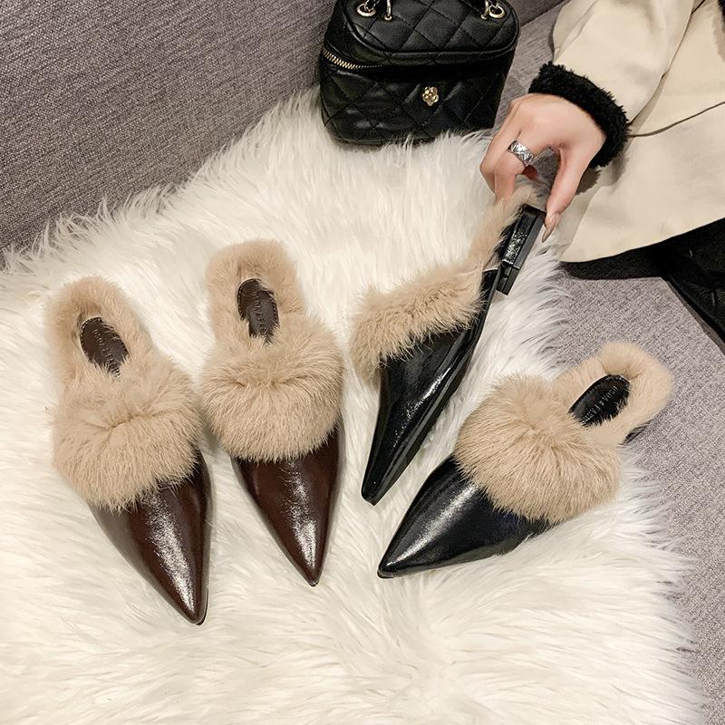 Pointed Head Flat Bottom Bag Head Slippers Women's Shoes Rabbit Fur Plush Warm Fashion Outdoor Fluff Drag High-end Leather Surface Europe and America