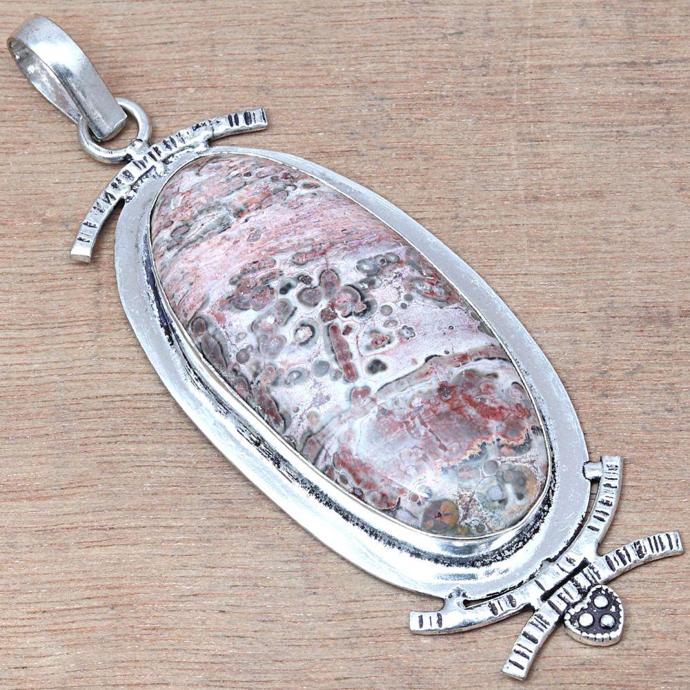 Necklace Leopard Skin Jasper Gemstone Handmade Antique Silver Jewelry 2"