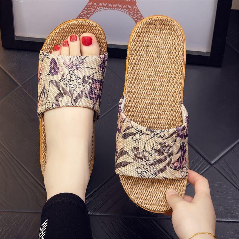 Four Seasons National Style Flax Cool Slippers Couples Breathable Home Use Flat Soft Sole Men's and Women's Confinement Baotou  Confinement Shoes