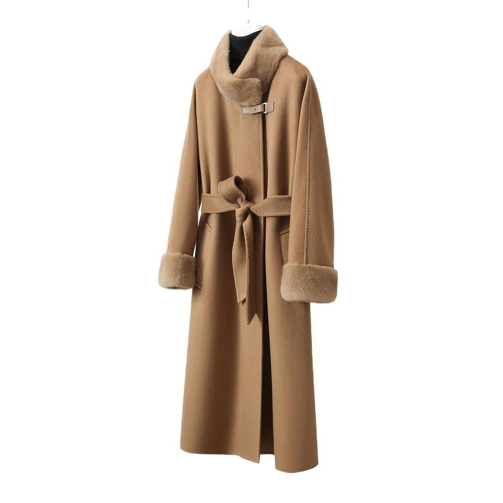 Autumn and winter new simple and fashionable versatile mink hair stand-up collar long-sleeved lace-up design cashmere solid color coat