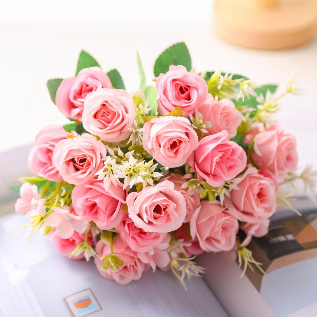 Pink Artificial Rose Bouquet with Greenery, Fake Silk Flowers for Home Wedding Decor