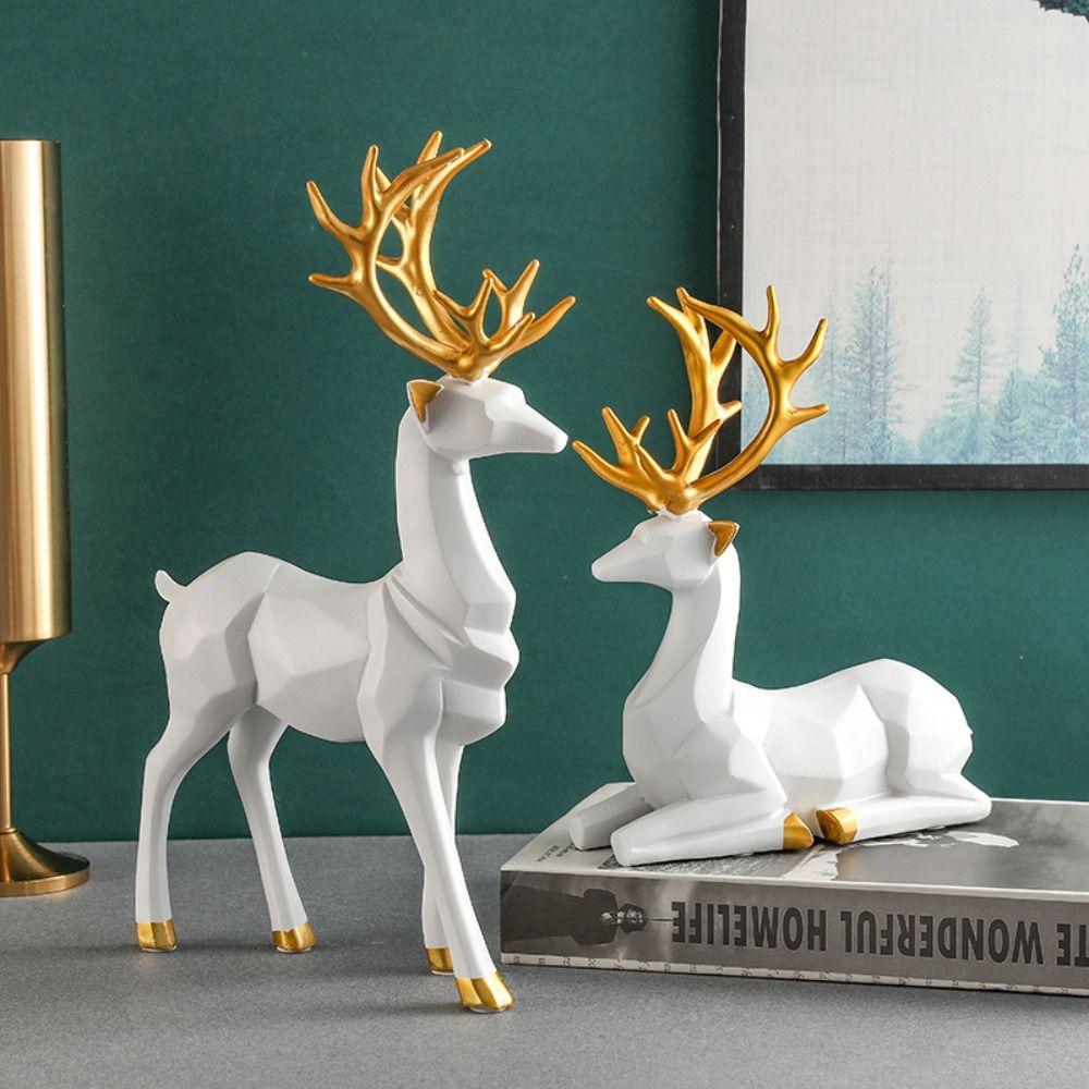 

Gold Geometric Elk Sculpture Resin Festival Reindeer Statues Home Decor Origami Elk Ornaments Home