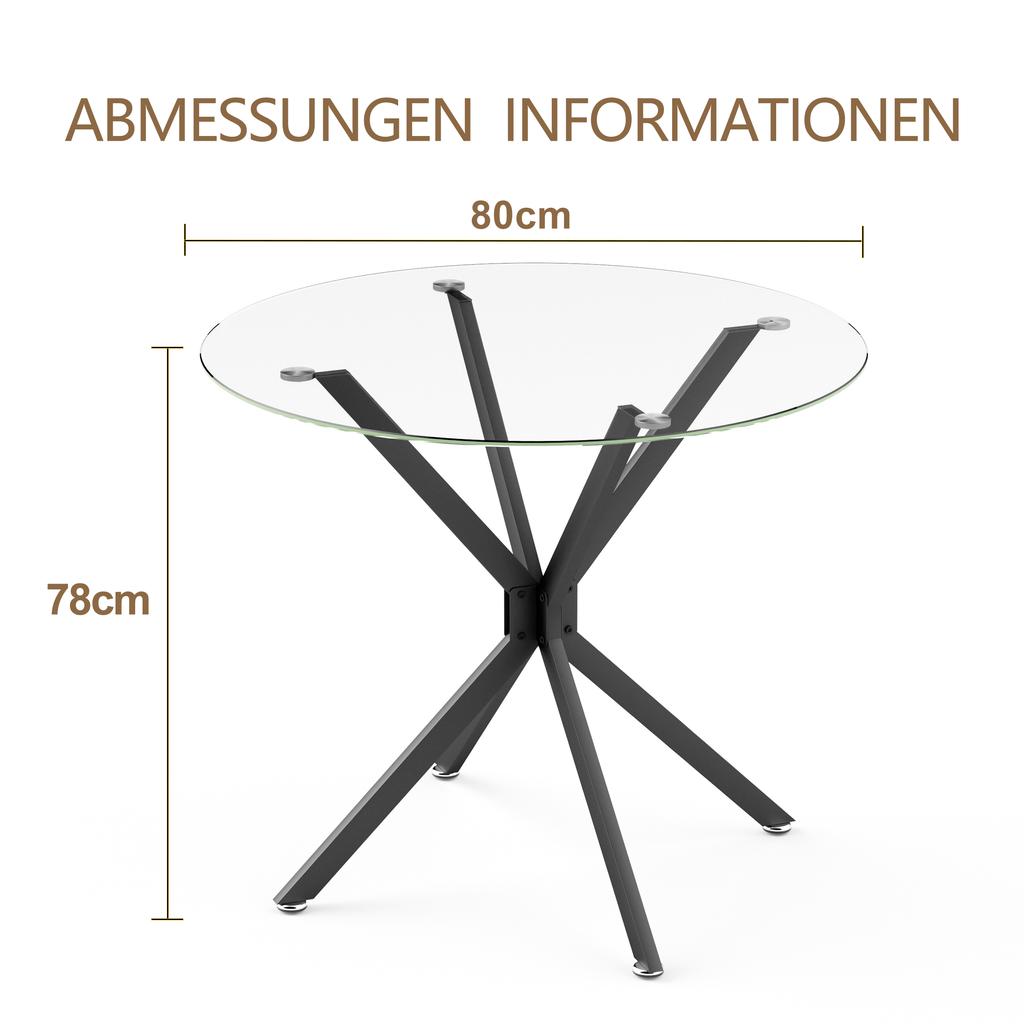 Mesa de Comedor Redonda de 80 cm hecha de Vidrio Templado, Adecuada para 1-4 Personas, Mesa Pequeña para Cocina que Ahorra Espacio, Equipada con Patas Metálicas Resistentes, Negra
