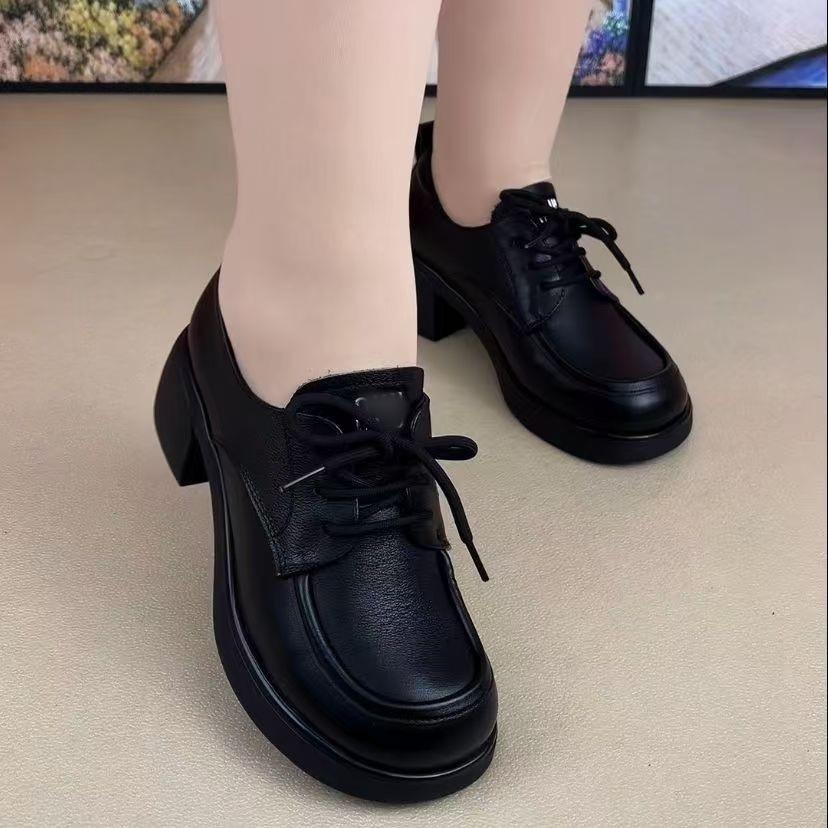 Soft leather thick heel loafers women's new British style lace-up small leather shoes autumn versatile soft sole casual mother shoes