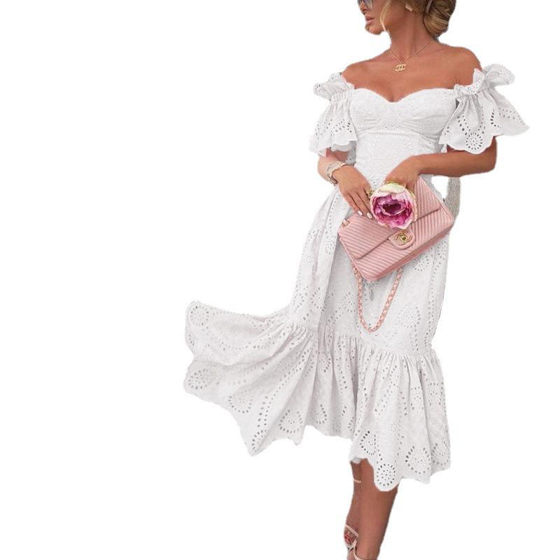 Podzim 2021 Dámské maxi šaty s jedním ramenem a puntíky