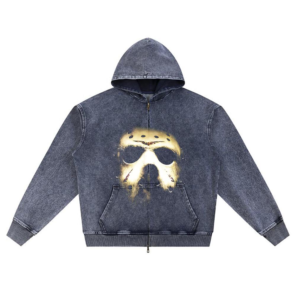 DTG Print Knitted Denim Zip-Up Hoodie Copy of JASON MASK Brother Print Zipper Hoodies  