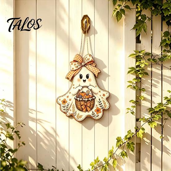 Outdoor Fall Entryway Sign Cute Bow Ghost Hanging Sign, Rustic Retro Floral Door with Pumpkin Harvest Wall Art Basket, Vintage Halloween Wooden