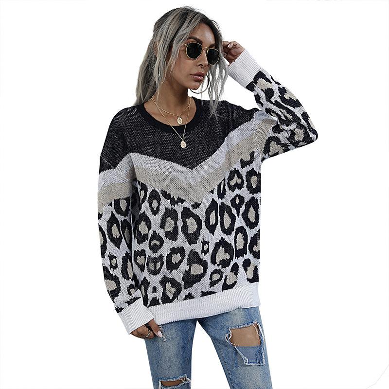 Women's Crew Neck Sweater, Color-Block, Leopard Print, Loose Fit for Fall and Winter