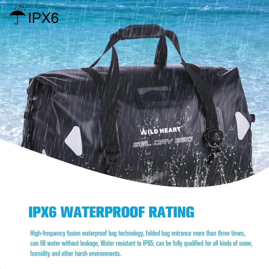 WILD HEART Waterproof Duffel 100L with Welded Seam Shoulder Straps and Binding for Motorcycle Drum Touring Seat and Outdoor Use Bag, 40L, 66L,