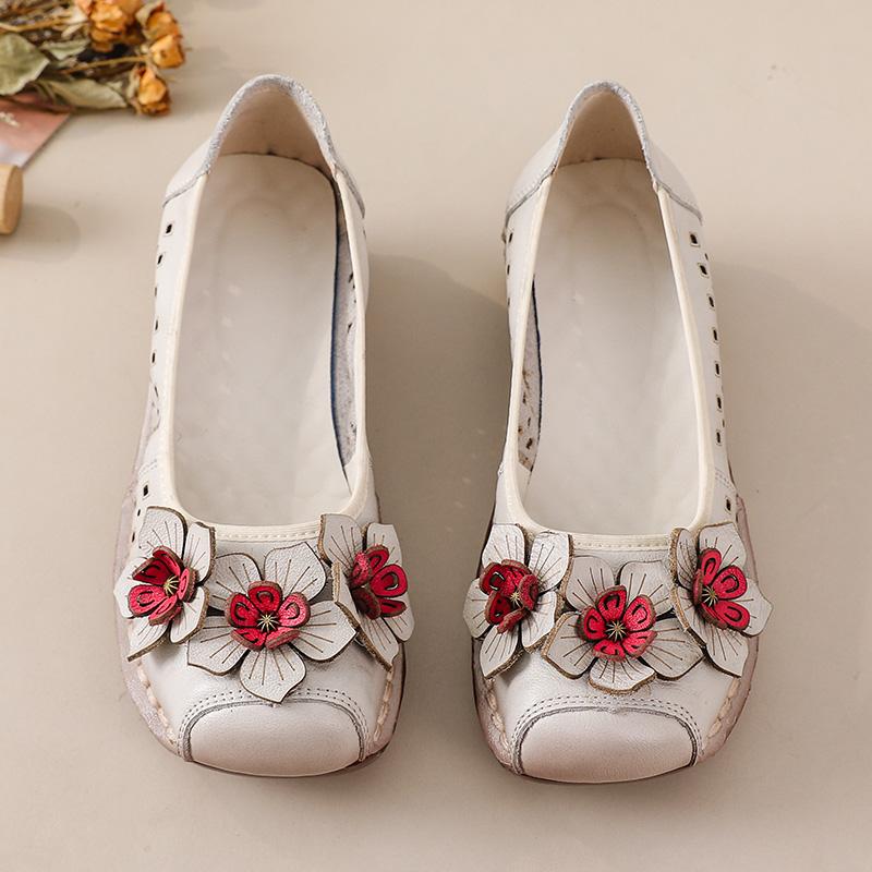 Fashion New Exquisite Cow Leather Wedged Flats Women Handmade Cutout Flower Moccasins Woman Antique Slip On Shoes Ladies Elegant Flats