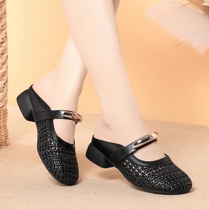 

3cm Heel Height 2025 New Women s Slippers Mesh Cap-toe Half-slippers for Women Large-size Ballet Mary Jane Female Shoes 34 бежевий