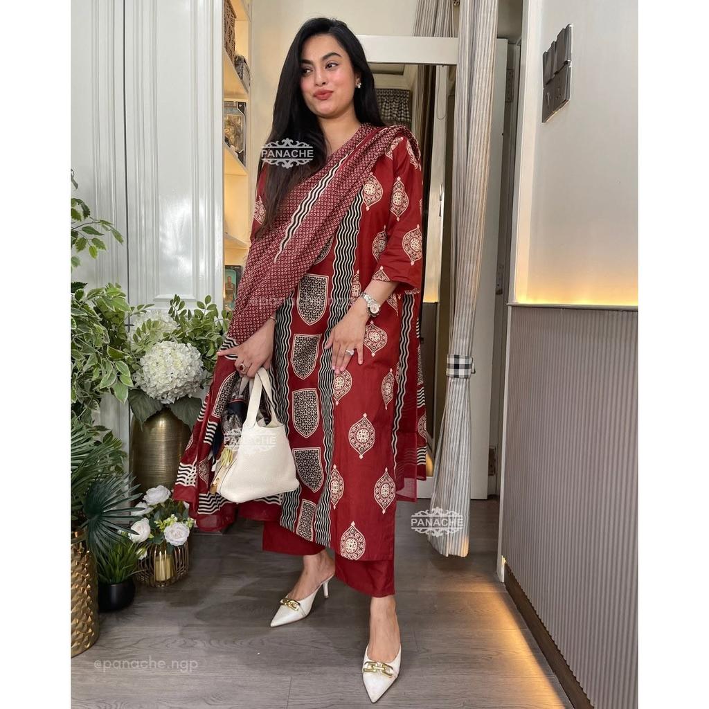 Schwerer Baumwoll-Pakistanischer Salwar-Anzug Kurti Indisches Damen-Kurta-Hosen-Dupatta-Set