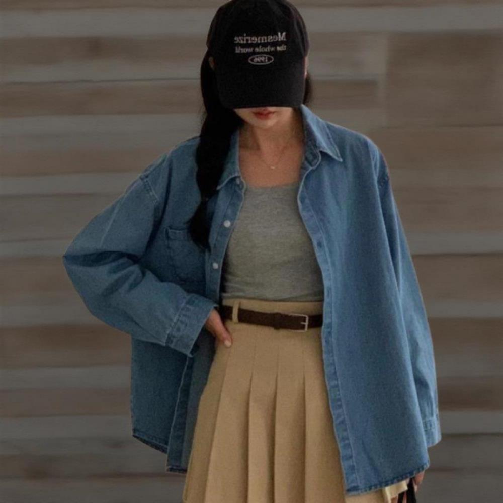 New Arrivals Open Run Women Big Size One Pocket Cotton Denim Shirt