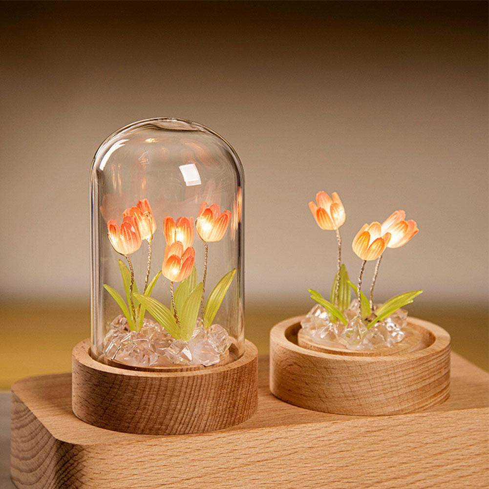 Tulip Flower Night Light With Glass Cover Handmade DIY Bedside Light LED Night Lamp Table Desk Lamp Bedroom Decor USB Mood Light