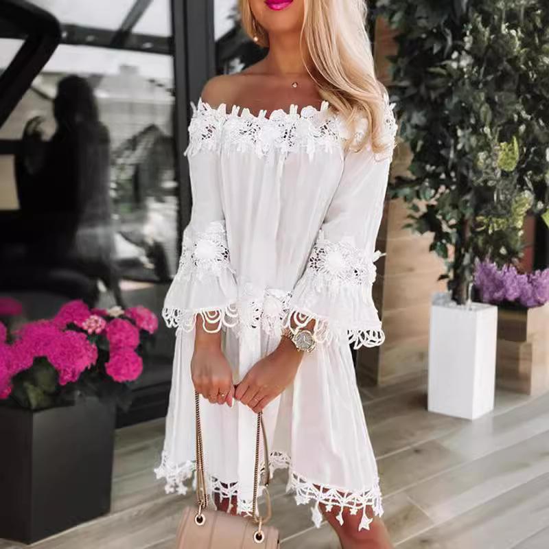 

Платье QICED Summer Spring на одно плечо без бретелек с длинными рукавами и кружевом XXXL белый