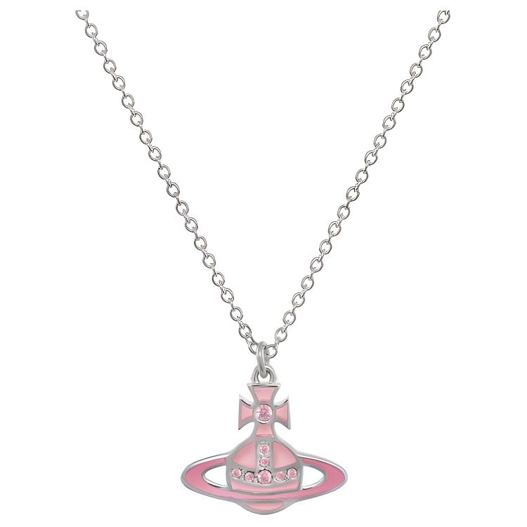 Vivienne Westwood Concetta Pink Glazed Saturn Pendant Brass Enamel Crystal Metal Necklace Women necklace Silver 630203F0-02P524 Basic Packaging-Dust Bag+Box