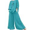 2 Pcs/Set Women Top Pants Set Round Neck Retro Long Sleeves Blouse Wide Leg Elastic Waist Trousers Daily Leisure Loose Outfit