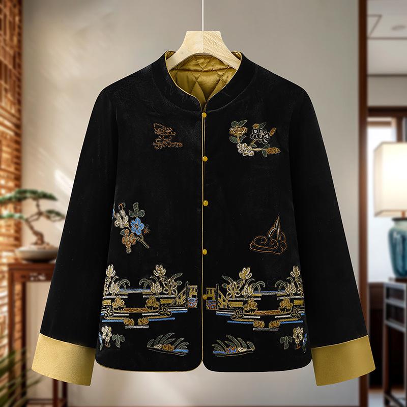 2025 Autumn/Winter Chinese Style Heavy Embroidery Color Block Retro Silk Velvet Padded Jacket