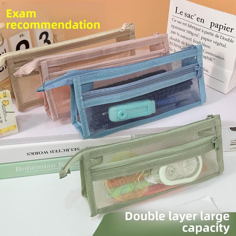Transparent Mesh Double-layer Three-dimensional Large-capacity Stationery Box, Student Exam Stationery Bag, Children's Pencil Case