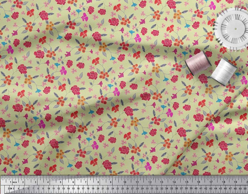Soimoi Japan Crepe Satin Fabric Berries,Leaves & Floral Artistic Print Fabric by the Metre 42 Inch