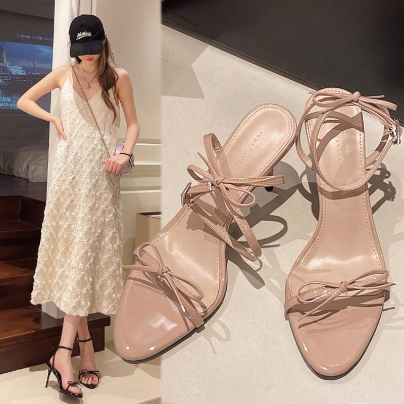 Fashion Bow Women Heeled Sandals Naked High Heels Shoes Woman Slingback 2025 Trend Summer Dress Square Toe Pumps Shallow Sandalias Mujer