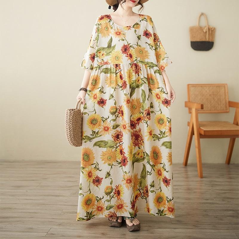 Short Sleeve Plus Size Vintage Floral New In Dresses for Women Casual Loose Long Summer Dress