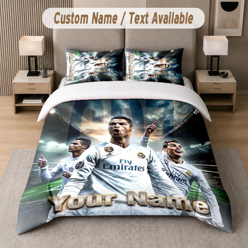 Set Biancheria da Letto Personalizzato Modello Cristiano Ronaldo, Stampa Nome Testo 1 Copripiumino più 2 Federe Tessile per la Casa