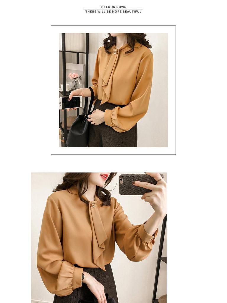 Women's Plus Size Autumn Lantern Sleeve Chiffon Shirt - Solid Color, Loose Fit, Long Sleeve, Korean Style