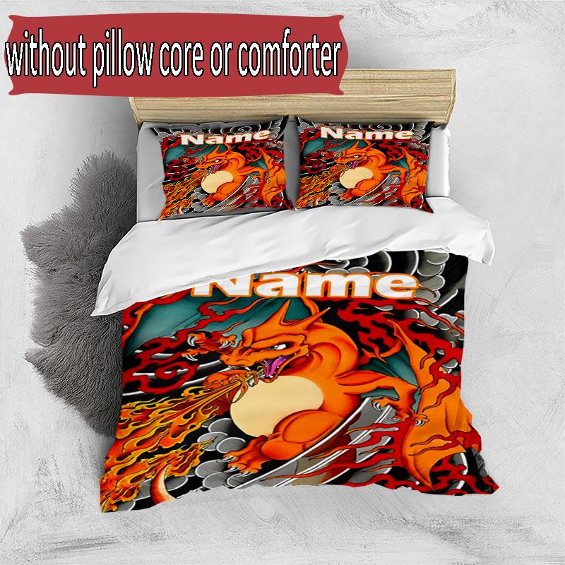 3pcs Duvet Cover Set (1*Duvet Cover + 2*Pillowcase, Without Core), Custom Name Charizard VS Blastoise Pattern Bedding Set, Home Bedroom Decor Gift